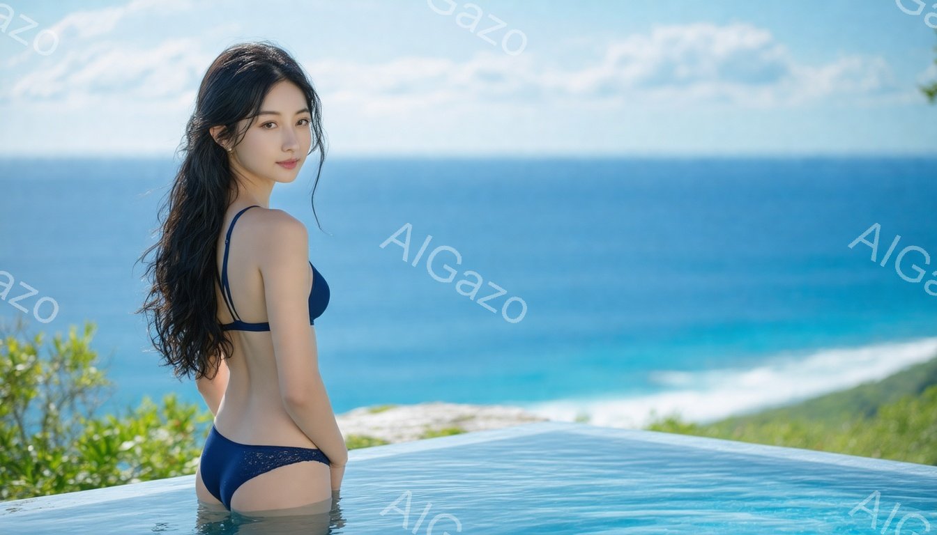 長い黒髪を背中に流した女性が、ターコイズブルーの海を背景にプールサイドに立っている。青いビキニ姿で、少し振り返り、微笑んでいる様子が捉えられ、リラックスした雰囲気と開放感が漂う。背景には緑豊かな植生と - AI生成フリー素材
