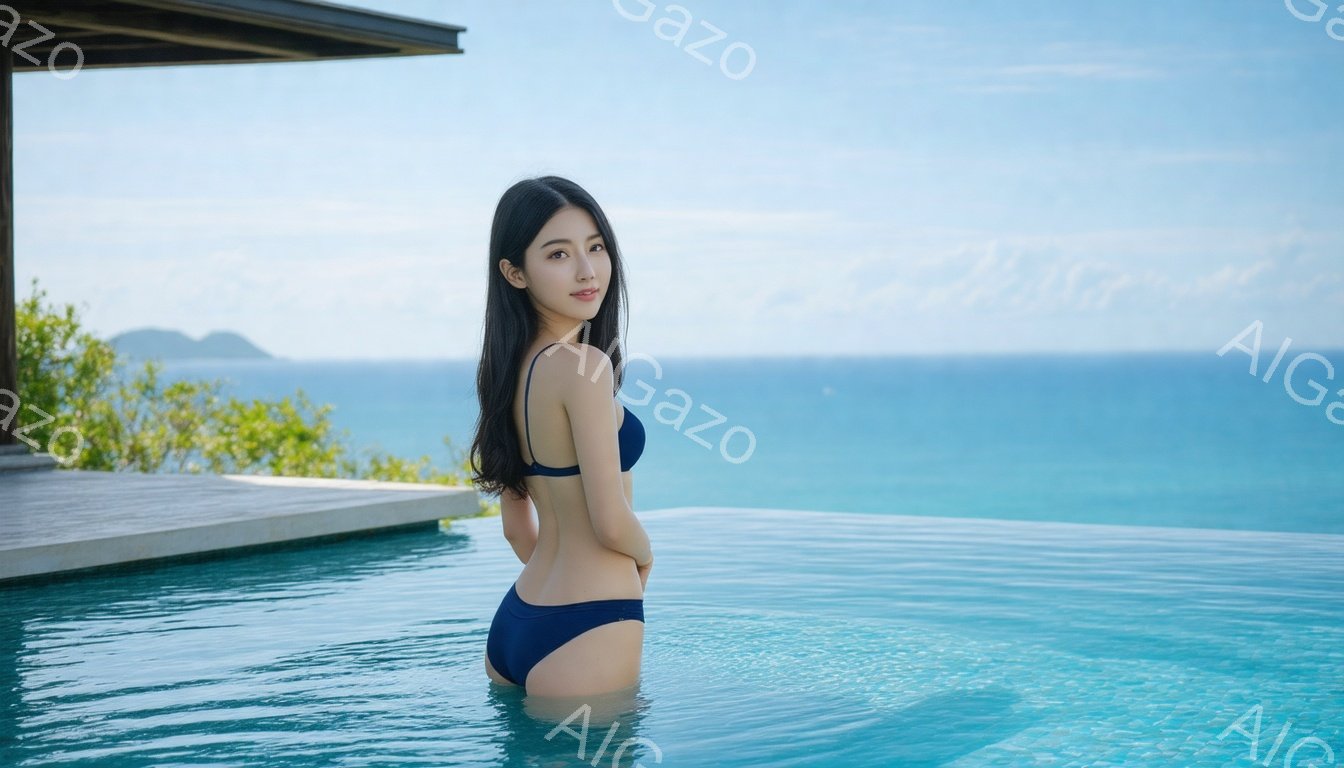 長い黒髪の女性が、エメラルドグリーンのプールの中で、海を背にして立っています。彼女は濃い青いビキニを着ており、わずかに振り返ってカメラ目線で微笑んでいます。背景には、青い空と穏やかな海、緑豊かな丘が見 - AI生成フリー素材