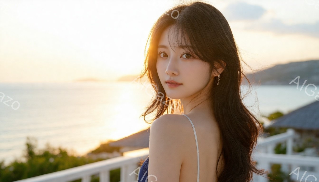 長い黒髪を肩にかけ、薄いブルーのキャミソールを着た若い女性が写っている。彼女は穏やかな表情でカメラを見つめ、耳には小さなドロップ型のイヤリングが付いている。背景には、夕焼けに照らされた海と白い柵、そして建物の屋根が見え、暖かい雰囲気が漂っている。