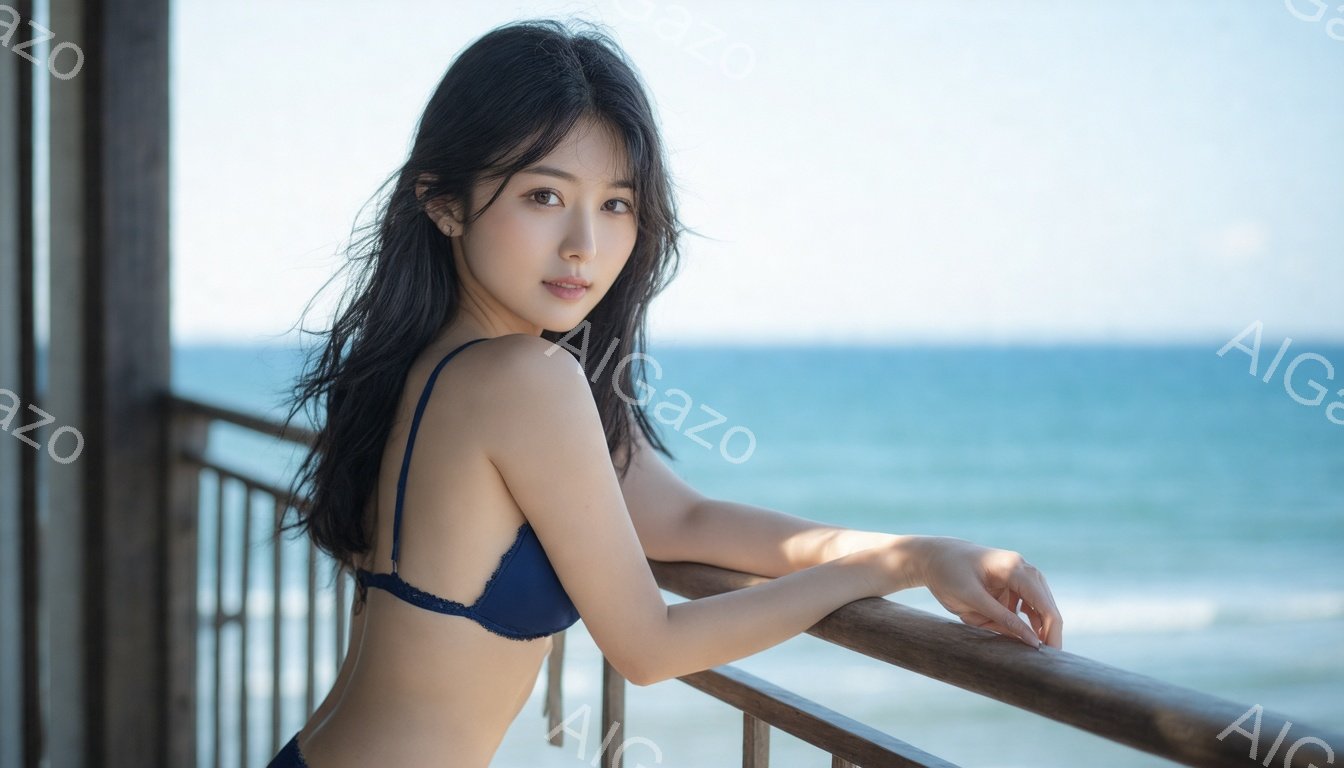 長い黒髪の女性が、青いビキニの上着とボトムスを着用して、木製の柵に寄りかかっています。彼女はカメラの方を見て微笑んでおり、リラックスした表情をしています。背景には青い海と空が広がり、晴れた日の穏やかな - AI生成フリー素材
