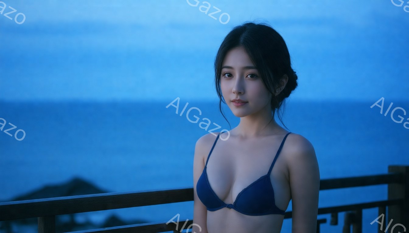 黒髪を後ろでまとめた女性が、紺色のブラレットを着てバルコニーに立っている。彼女はカメラ目線を控えめに微笑んでおり、落ち着いた表情をしている。背景には深い青色の海と、暗いシルエットの山々が広がり、夜明け - AI生成フリー素材