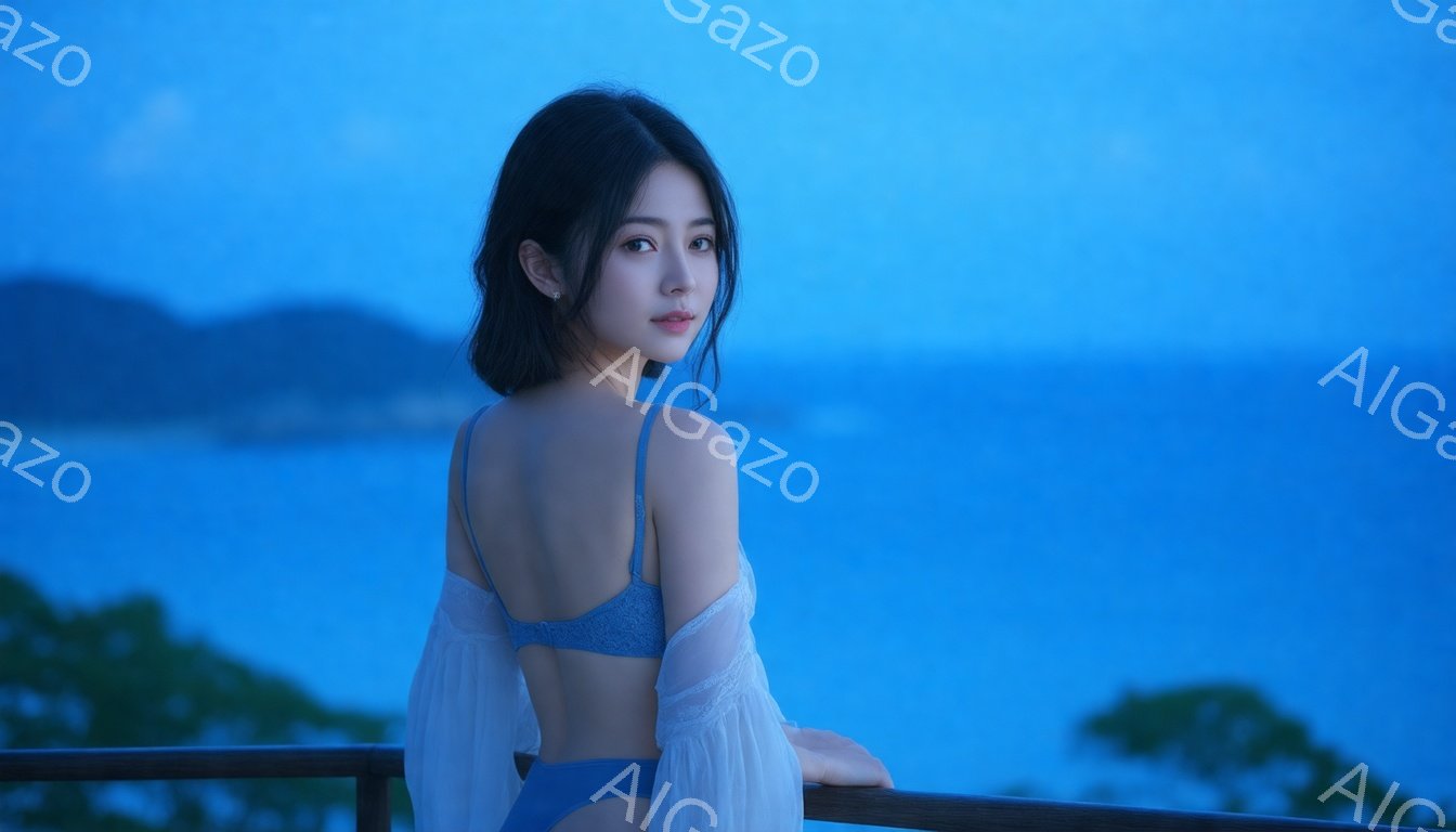 モデルは、背中が開いた水色のビスチェと、シアーな白いケープ風のトップスを着用し、水色のビキニショーツを合わせている。肩まで届く黒髪はストレートで、顔は少し横を向き、穏やかで物憂げな表情を浮かべている。背景には、緑豊かな丘と、穏やかな青い海が広がり、夕暮れ時の静かで幻想的な雰囲気を醸し出している。