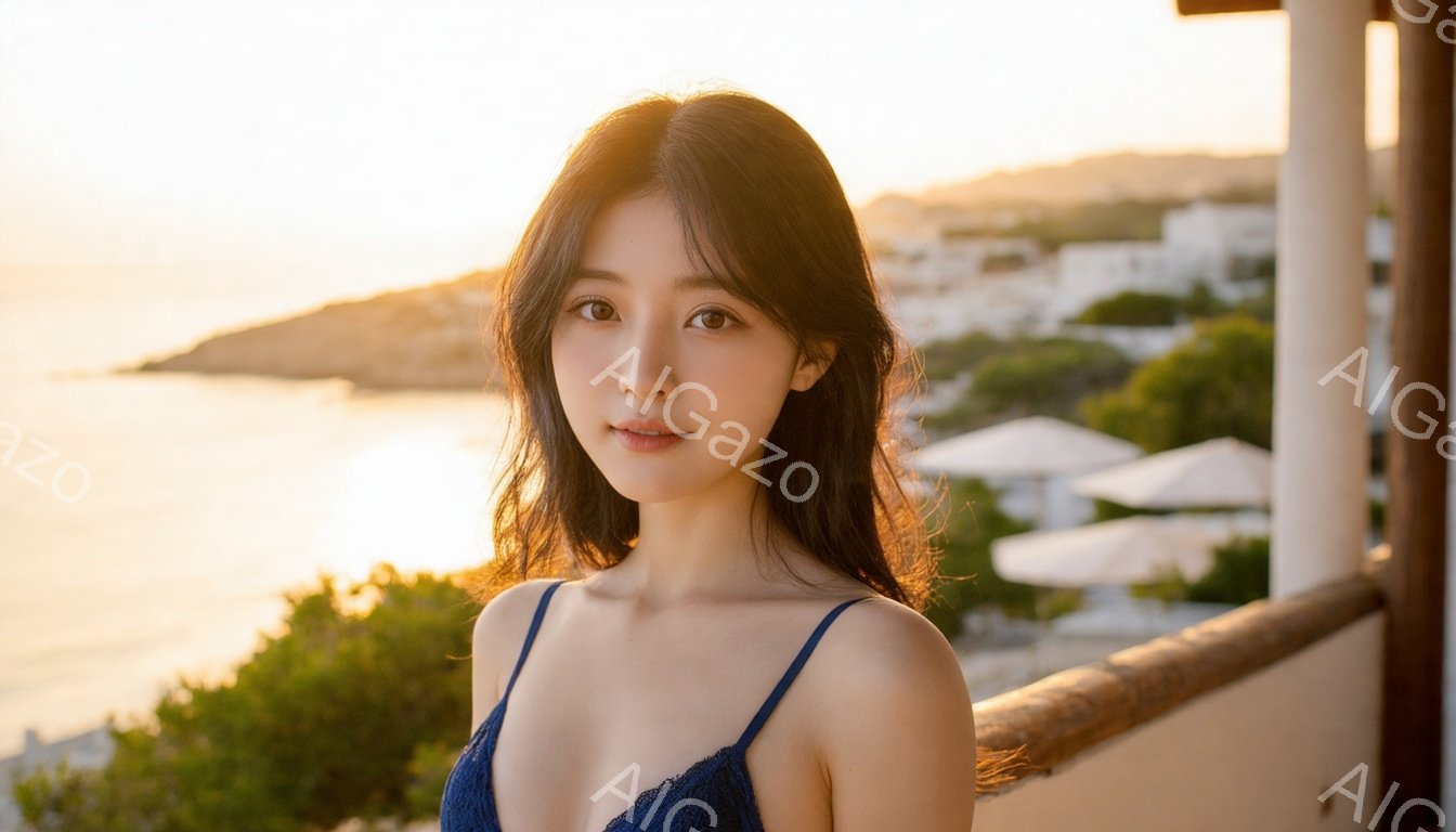 長い黒髪を無造作に垂らした若い女性が、肩出しの濃い青色のトップスを着て微笑んでいます。彼女はバルコニーに立ち、背景にはエーゲ海のような青い海と白い建物が広がり、夕焼けの光が穏やかに差し込んでいます。全 - AI生成フリー素材