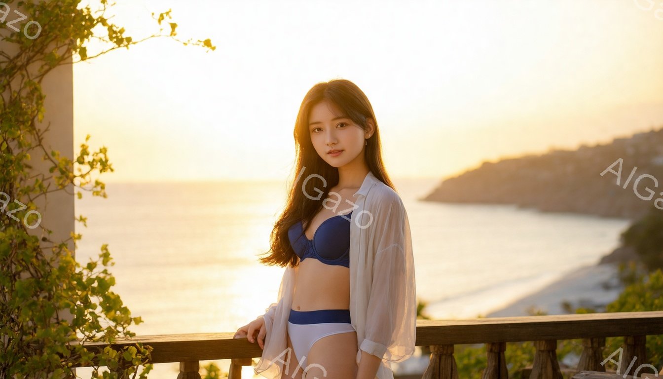 長い茶色の髪の女性がバルコニーに立っており、青いビキニの上に白いシアーシャツを羽織っています。彼女はリラックスした表情でカメラを見つめ、優雅なポーズをとっています。背景には、夕日の光が差し込む海と海岸線、そして緑豊かな丘陵が広がっており、暖かい雰囲気を作り出しています。