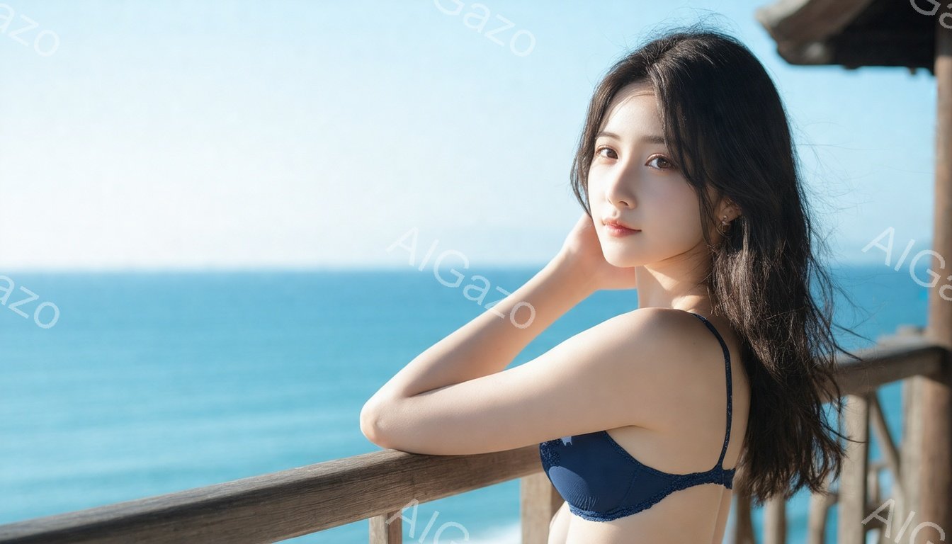 長い黒髪を肩にかけた若い女性が、青いビキニトップと短いボトムス姿でバルコニーに立っている。彼女は両手を頭の後ろに組み、穏やかな微笑みを浮かべている。背景には、青い海と白い波が広がり、晴天の空が広がって - AI生成フリー素材