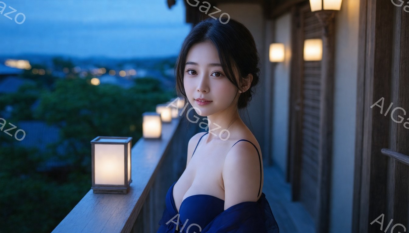 深い青色のオフショルダーのドレスを着た若い女性が、木製の欄干に寄りかかっています。彼女は軽く微笑んでおり、髪は後ろでまとめられています。背景には、夕暮れ時の街並みと、点灯された提灯が並び、落ち着いた雰囲気を作り出しています。