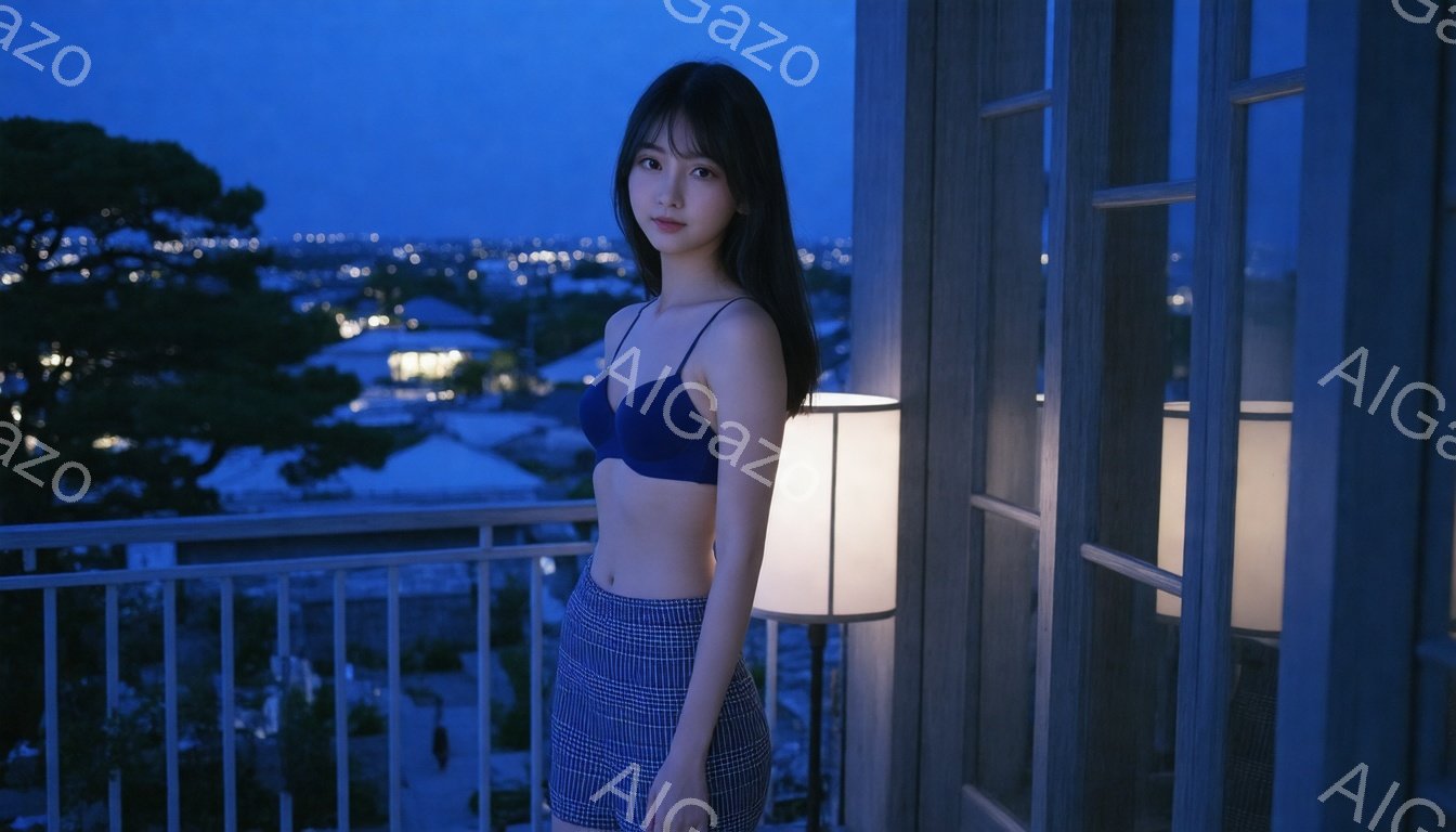 長い黒髪の女性が、紺色のキャミソールとチェック柄のミニスカートを身につけてバルコニーに立っている。彼女は少し微笑んでおり、姿勢はリラックスしているように見える。背景には夜景が広がり、遠くの建物や街の明 - AI生成フリー素材