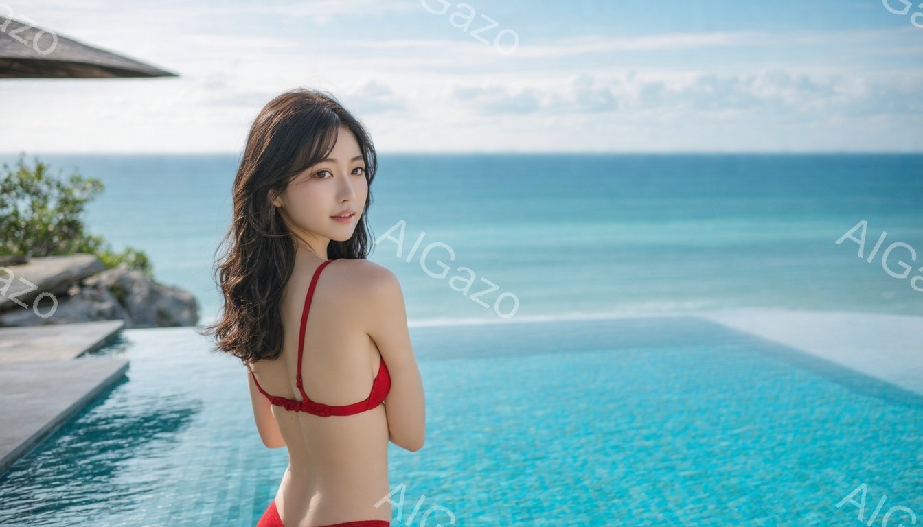長い黒髪の女性が、ターコイズブルーのプールの縁に立って、振り返ってこちらを見ている。赤いビキニを着ており、表情は穏やかで微笑んでいる。背景には青い海と空が広がり、リゾートのような贅沢な雰囲気を感じさせ - AI生成フリー素材