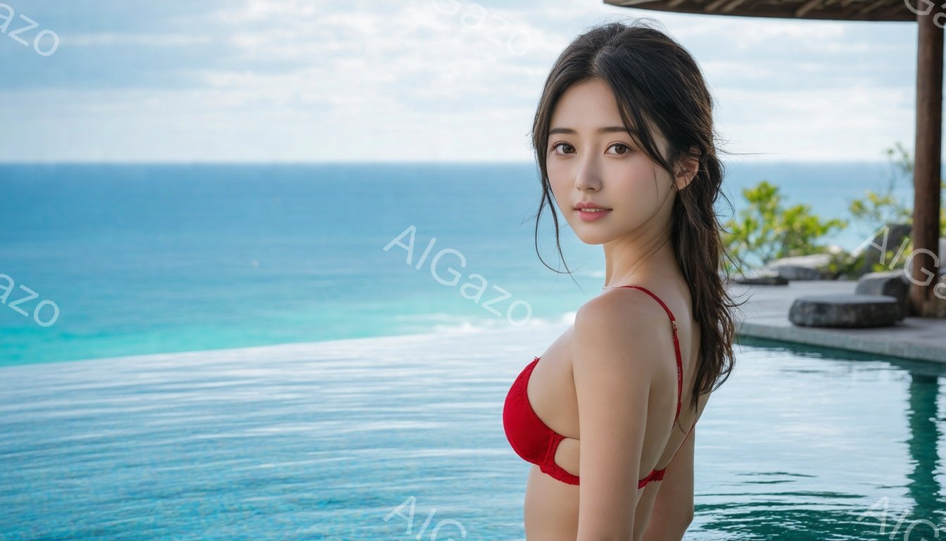 長い黒髪を背中に流し、赤いビキニを着た若い女性が、インフィニティプールサイドに立っている。彼女は少し微笑んでおり、遠くの青い海を背景に、リラックスした雰囲気を醸し出している。プールと背後の緑豊かな自然が、穏やかで贅沢なリゾートの雰囲気を強調している。
