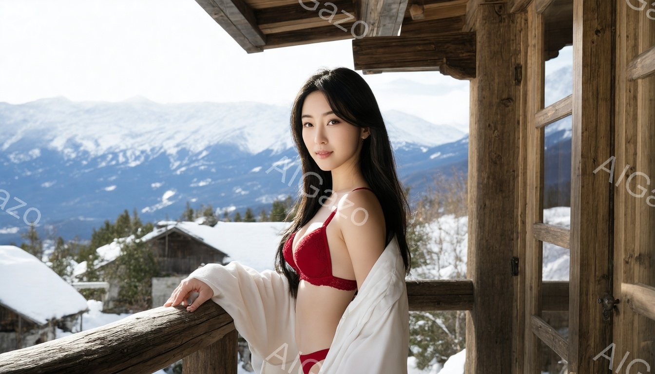 長い黒髪を肩にかける女性が、雪景色を背景にしたバルコニーに立っている。赤いブラとショーツに白いショールを羽織り、わずかに微笑んでいる。背景には雪に覆われた山々と建物があり、冬の静かで美しい雰囲気を醸し - AI生成フリー素材