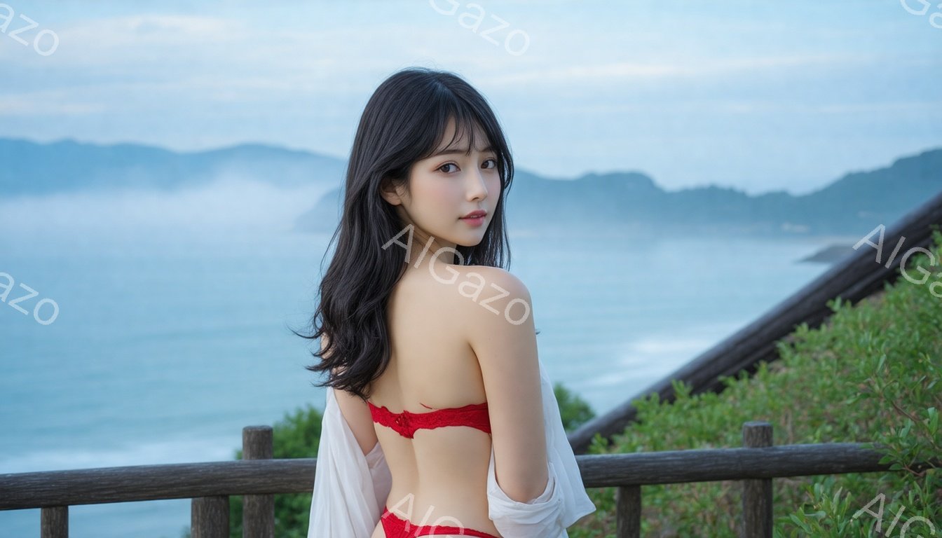 長い黒髪を肩から背中にかけ、赤いレースのブラレットと白いショールを身につけた女性が写っている。彼女は少し振り返り、カメラに向かって微笑んでいる。背景には、海と緑豊かな山々が広がり、やや曇りの天候が穏や - AI生成フリー素材