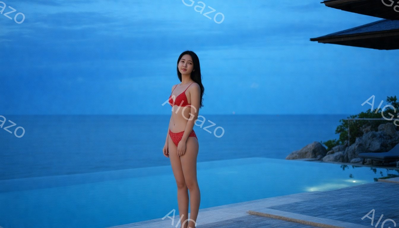 長い黒髪の女性が、赤い水着の上着と下着を着て、プールの縁に立っている。彼女はリラックスした姿勢で、少し微笑んでいるように見える。背景には、青い海と緑の植物が見え、夕暮れ時の穏やかな雰囲気を感じさせる。 - AI生成フリー素材