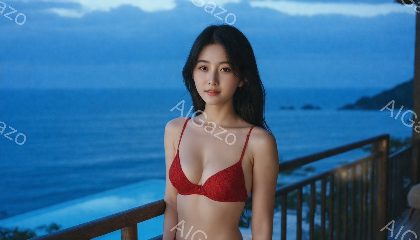 長い黒髪の女性が赤いレースのブラレットと下着姿でバルコニーに立っている。彼女は穏やかな微笑みを浮かべ、カメラの方を向いている。背景には青い海と緑豊かな山々が広がり、夕暮れ時の穏やかな雰囲気が漂っている。