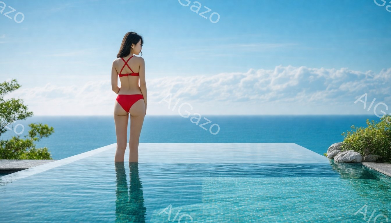 赤いビキニを着た女性が、インフィニティプールの中で海を眺めて立っている。彼女は黒髪で、後ろ姿しか見えず、リラックスした雰囲気を醸し出している。背景には青い海と空が広がり、天候は晴れて穏やかで、自然豊かなリゾート地であることがわかる。