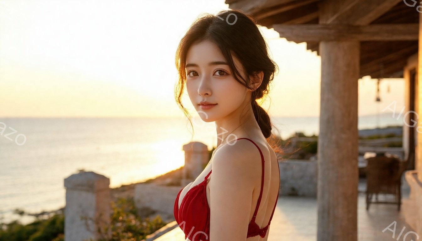 長い黒髪を後ろで結んだ女性が、赤いキャミソールを着てカメラの方を振り返っています。彼女は穏やかな微笑みを浮かべ、背景には夕焼けの海と白い壁、そして柱が並んだテラスが見えます。全体的に暖かく、リラックスした雰囲気の画像です。