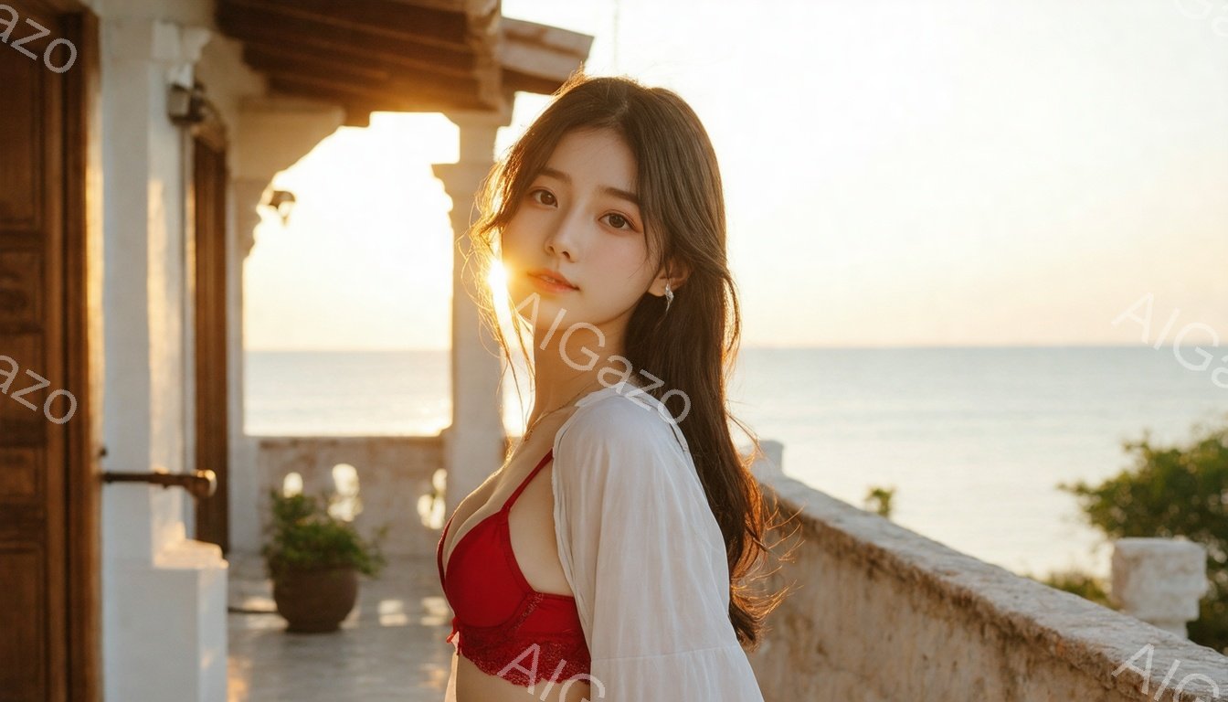 長い茶色の髪を肩から下まで垂らした女性が、赤いレースのブラレットと白いシアーのシャツを着ています。彼女はバルコニーの手すりに寄りかかり、穏やかな微笑みを浮かべ、遠くの海を見つめています。背景には青い海 - AI生成フリー素材