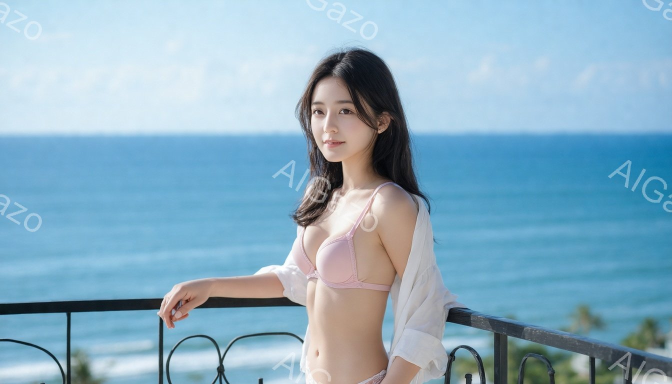 長い黒髪を肩にかけた若い女性が、ピンク色のブラと下着に白いシアーシャツを羽織ってバルコニーに立っています。彼女は穏やかな微笑みを浮かべ、片手をバルコニーの手すりに添えてリラックスした姿勢を見せています。背景には青い海と白い波が広がり、晴天の下で開放的な雰囲気が漂っています。