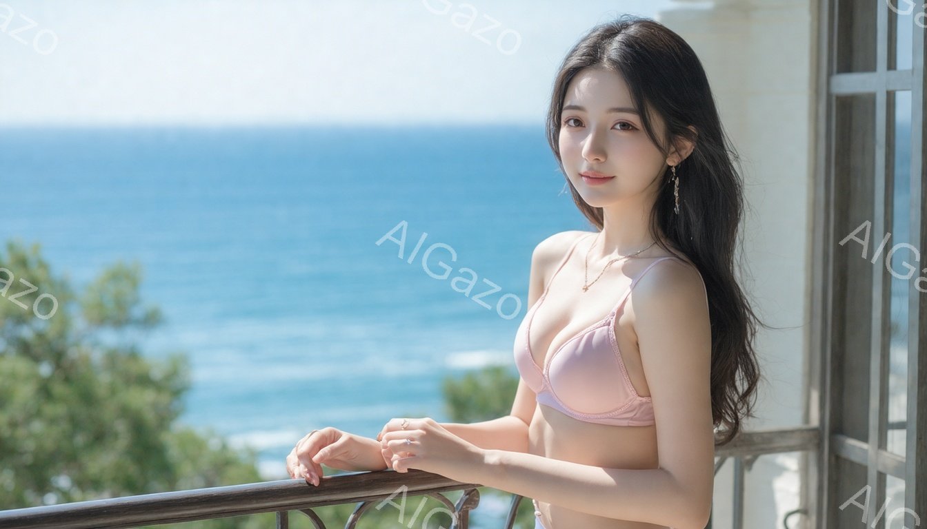 長い黒髪を肩から下でなびかせ、ピンク色のブラレットと短いスカートを身に着けた女性が写っている。彼女はバルコニーの手すりに寄りかかり、穏やかな笑顔を浮かべている。背景には青い海と緑の植物が見え、晴れた日のリゾート地の穏やかで開放的な雰囲気が漂っている。