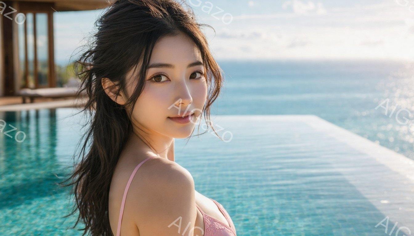 長いダークブラウンの髪を無造作にかけた女性が、水色のプールの縁に寄りかかっている。薄いピンク色のキャミソールを着ており、少し微笑んだ表情でカメラを見つめている。背景には青い海と緑豊かな風景が広がり、穏やかでリラックスした雰囲気が漂っている。