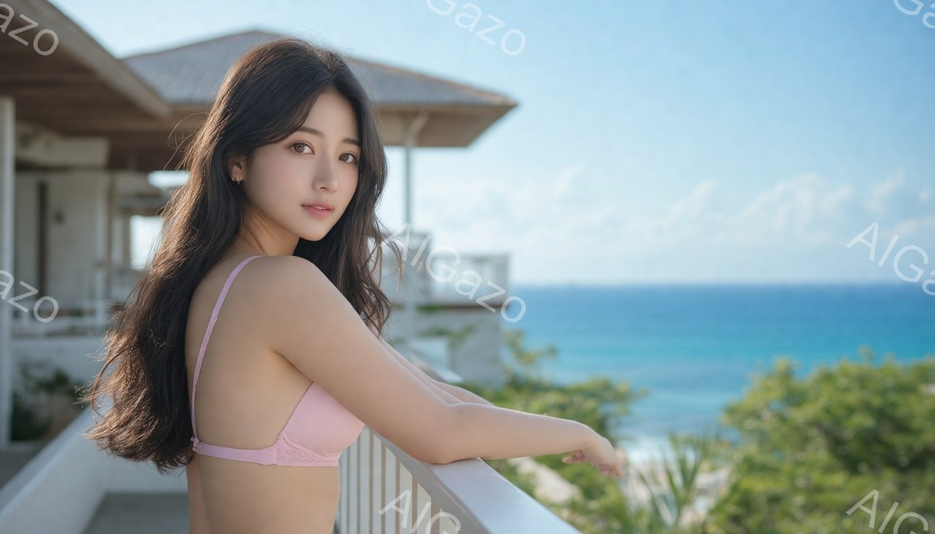 長い黒髪を無造作に垂らした女性が、ピンク色のレースのブラレットと下着姿でバルコニーの手すりに寄りかかっています。彼女は穏やかな表情でカメラを見つめ、背景にはターコイズブルーの海と緑豊かな植生が広がって - AI生成フリー素材