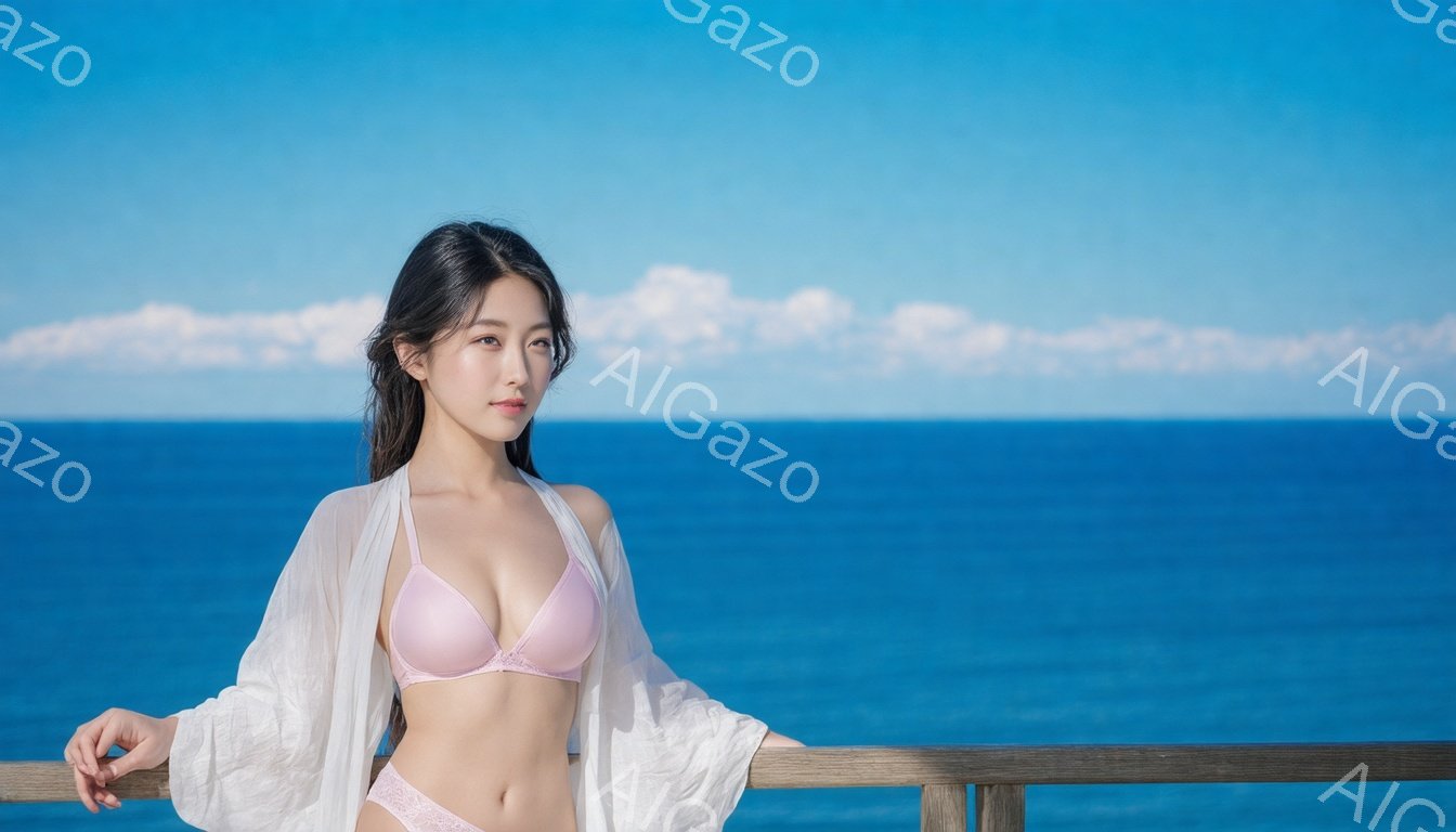 長い黒髪を無造作に垂らし、ピンク色のブラレットとショーツ、そして白いシースルーのカーディガンを着用した女性が写っている。彼女は欄干に片手を添え、穏やかな微笑みを浮かべている。背景には鮮やかな青い海と空 - AI生成フリー素材