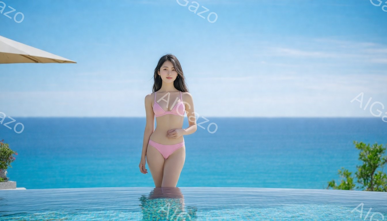 明るい青空とターコイズブルーの海を背景に、ピンク色のビキニを着た女性がプールの中に立っている。彼女は長い黒髪で、穏やかな微笑みを浮かべている。プールの縁はインフィニティプールのように見え、背景の景色と一体化している。