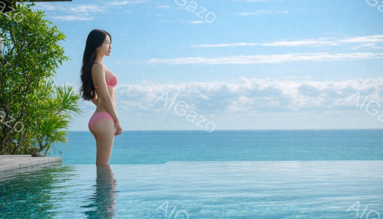 長い黒髪の女性が、エメラルドグリーンの海を背景にしたインフィニティプールの中で立っている。ピンク色のビキニ姿で、横を向いて海を見つめている。晴れた空と穏やかな海が広がり、リラックスした雰囲気が漂っている。