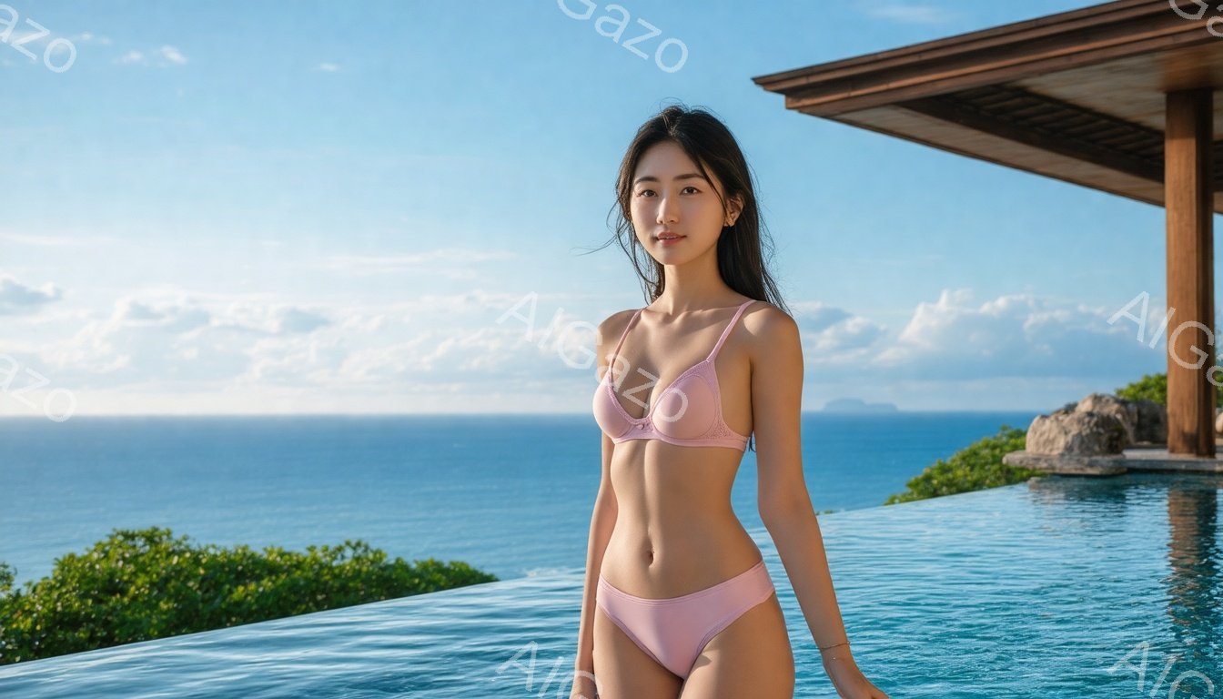 長い黒髪を自然に垂らした女性が、ピンク色のビキニ姿でプールサイドに立っている。彼女は穏やかな表情で、わずかに微笑んでいるように見える。背景には青い海と緑豊かな植物が広がり、晴れた空が広がっている。 - AI生成フリー素材