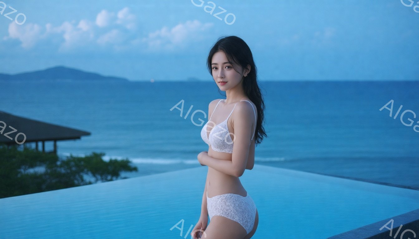 長い黒髪を後ろに垂らし、白いレースのブラとショーツ姿の女性がプールサイドに立っている。彼女は軽く体を丸め、片手を胸の前で組んでおり、穏やかな微笑みを浮かべている。背景には、青い海、緑の丘、そして夕暮れのような空が広がり、リゾート地でリラックスした雰囲気を醸し出している。