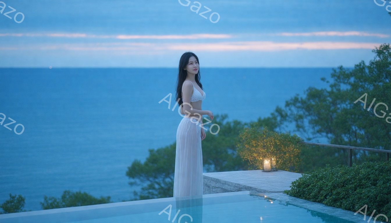 長い黒髪をなびかせ、白いレースのトップスとロングスカートを身につけた女性が、海を見下ろすインフィニティプールの中で佇んでいます。彼女はわずかに微笑み、リラックスした表情を浮かべており、周囲にはキャンドルが灯っています。背景には、夕暮れ時の穏やかな海と緑豊かな植物が広がり、幻想的で穏やかな雰囲気を醸し出しています。