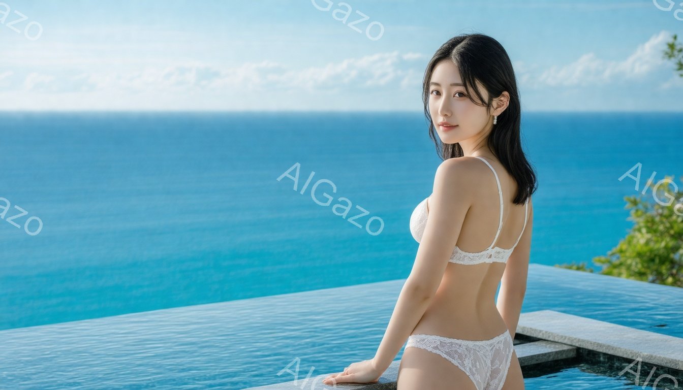 黒髪の女性が、レースの白いブラとショーツ姿で、プールの縁に寄りかかっている。彼女は振り返り、微笑んでおり、落ち着いた表情をしている。背景には、青い海と緑豊かな植生が広がり、晴れた空が美しい景色をさらに引き立てている。