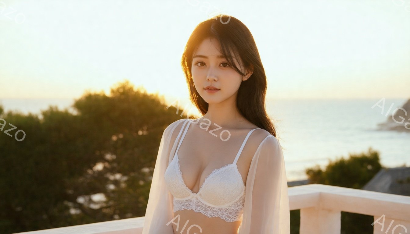 長い黒髪の女性が、白いレースのブラと薄手の白いシャツを着て、バルコニーで立っています。彼女は穏やかな表情でカメラを見つめており、背景には青い海と緑豊かな植物が見えます。夕暮れ時のような、暖かく穏やかな光が全体を包んでいます。