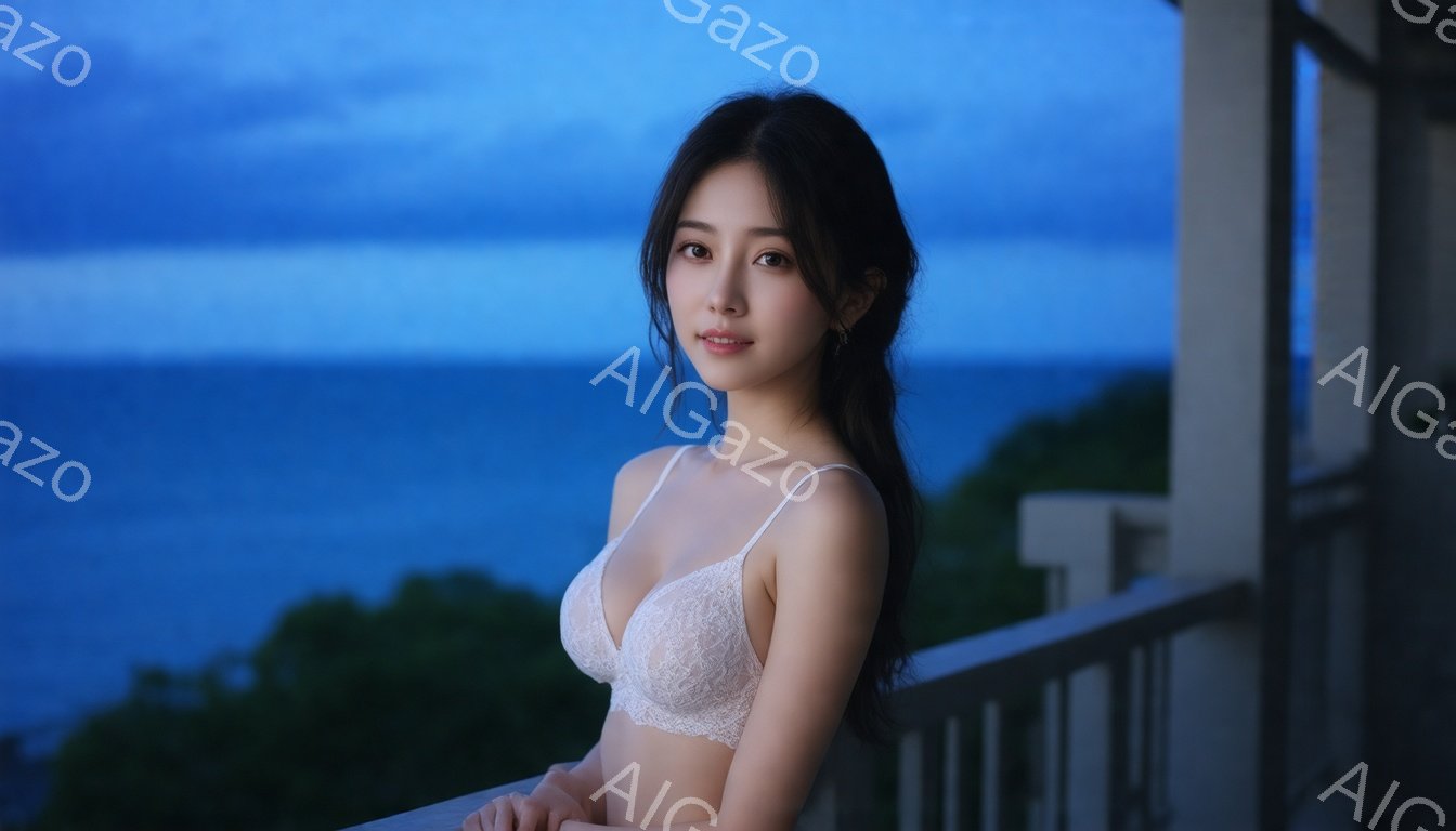 長い黒髪を肩から垂らし、繊細なレースのブラレットを身に着けた若い女性が描かれている。彼女はバルコニーの手すりに寄りかかり、穏やかな微笑みを浮かべている。背景には濃い青色の海と緑豊かな風景が広がり、夕暮 - AI生成フリー素材