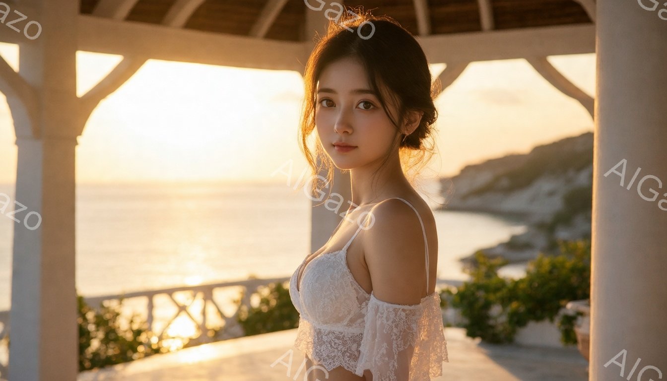 長い黒髪を少し無造作にまとめ、白いレースのオフショルダーのトップスを着た若い女性が写っています。彼女は穏やかな微笑みを浮かべ、カメラの方を振り返っています。背景には、夕焼けに照らされた海と、白い柱が並ぶテラスのような場所があり、全体的に穏やかでロマンチックな雰囲気が漂っています。
