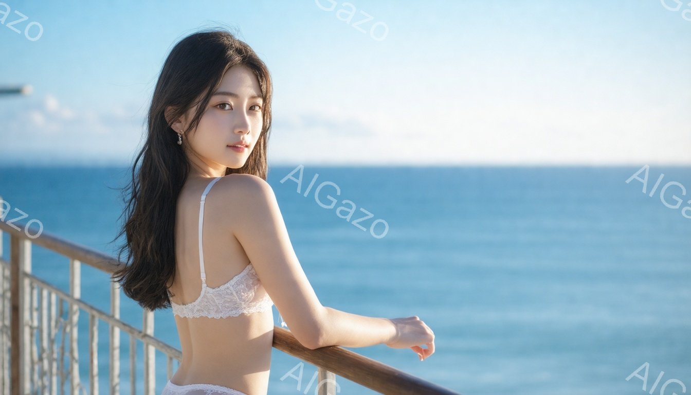 長い黒髪の女性が、レースの白いブラとショーツ姿でバルコニーの手すりに寄りかかっています。彼女は少し微笑んでおり、穏やかでリラックスした表情をしています。背景には鮮やかな青い海が広がり、晴れた空が広がっています。
