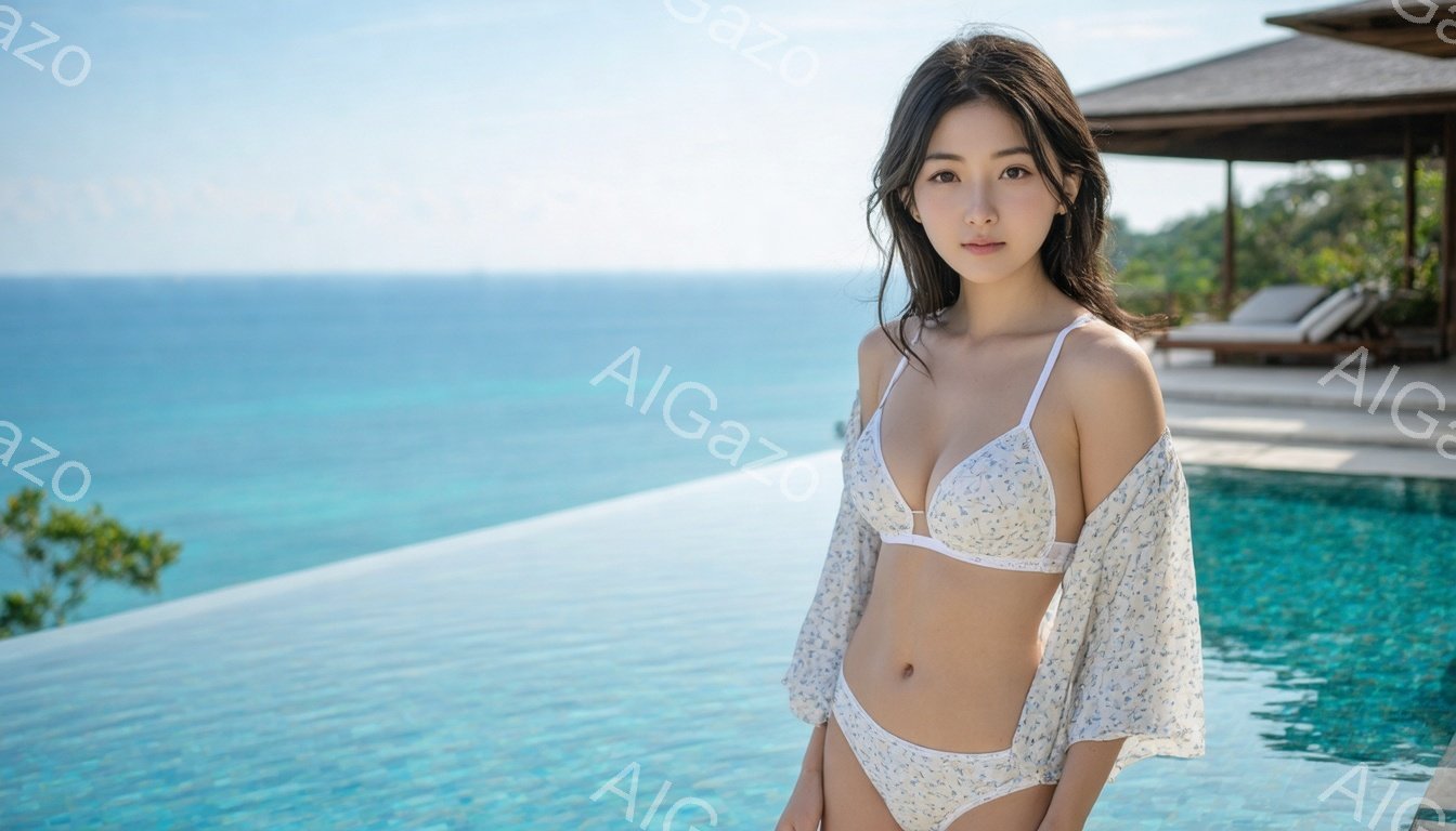 長い黒髪を無造作に下ろし、白い花柄のビキニとカバーアップを着た女性が写っている。彼女はプールサイドに立ち、穏やかな微笑みを浮かべている。背景には、ターコイズブルーの海と、白壁と木製の屋根を持つ豪華な建物が見え、晴天の下でリラックスした雰囲気が漂っている。
