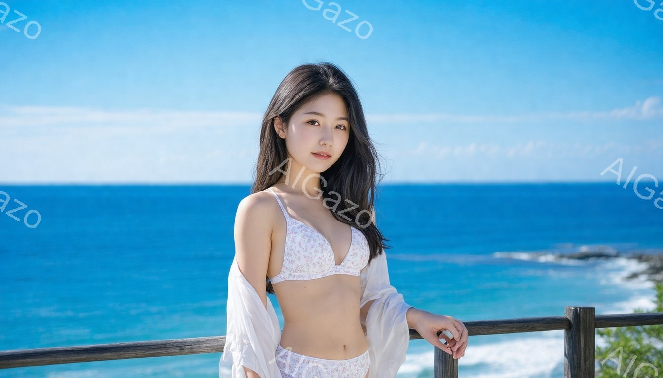 長い黒髪を肩にかけた女性が、淡いピンクの花柄のビキニに薄いベールのようなショールを羽織っています。彼女は欄干に寄りかかり、穏やかな微笑みを浮かべています。背景には、ターコイズブルーの海と白い波が広がり、晴れた空が広がっています。