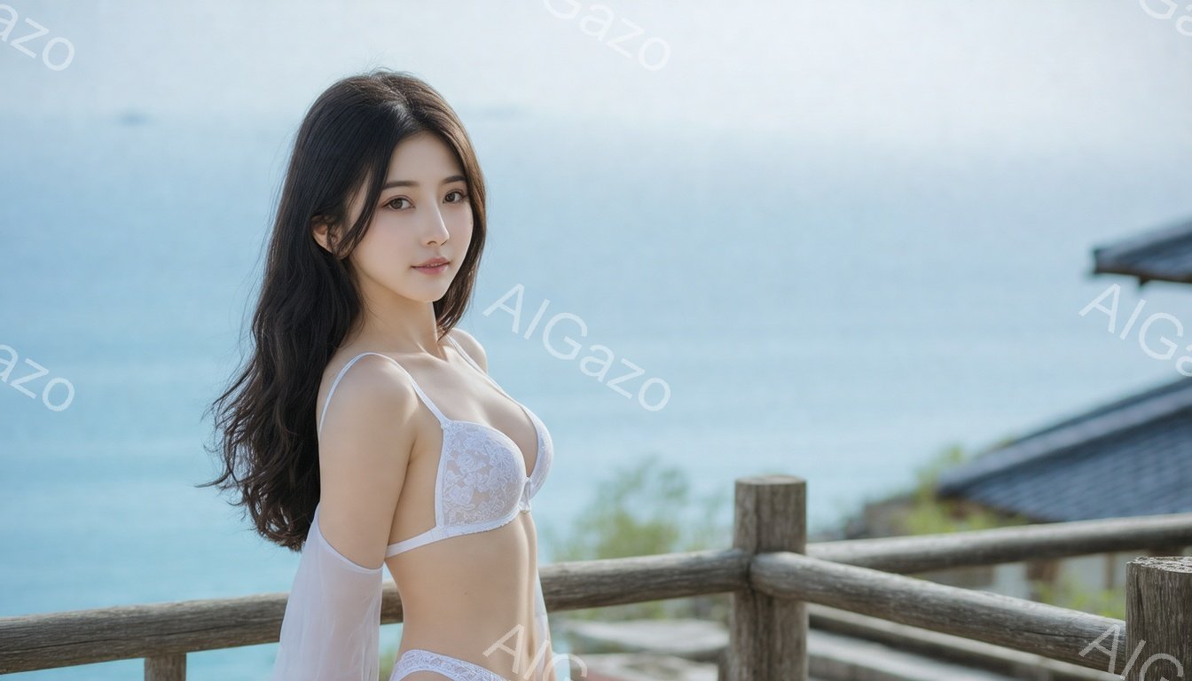 長い黒髪の女性が、白いレースのブラとショーツ姿で、木製の柵の前に立っています。彼女は少し微笑んでおり、穏やかな表情でカメラを見ています。背景には青い海と緑の植物が見え、明るい日差しが降り注いでおり、リラックスした雰囲気が漂っています。