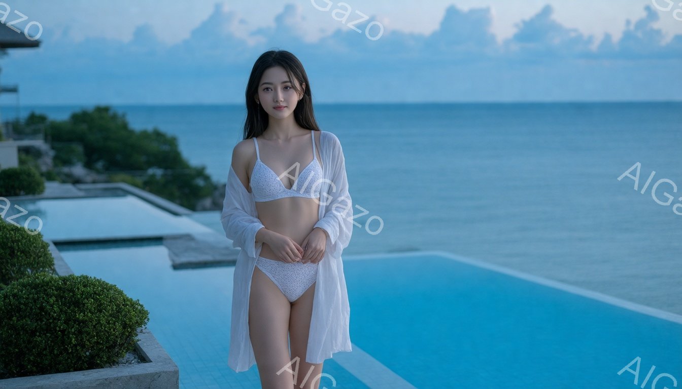 長い黒髪をセンターパートにした女性が、プールサイドで白いレースのビキニとシースルーのカーディガンを身につけて立っています。彼女は穏やかな表情でカメラを見つめており、リラックスした姿勢です。背景にはターコイズブルーのプールと、穏やかな海、そして薄暗い空が広がっており、静かで優雅な雰囲気を醸し出しています。