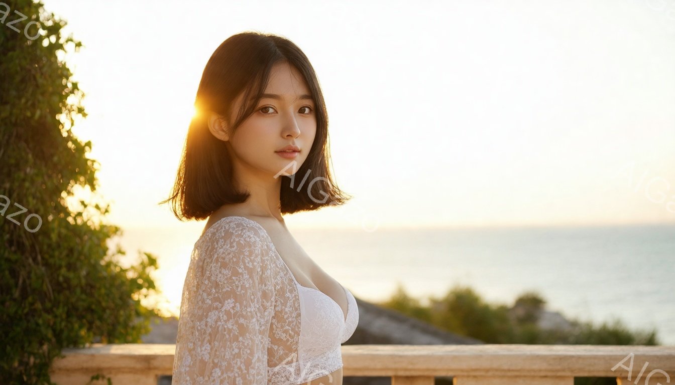 黒髪のショートヘアの女性が、レースの袖付きトップスと白いブラレットを着て、わずかに微笑んでいます。彼女は少し横を向き、穏やかな表情でカメラを見つめています。背景には、青い海と緑の丘が見え、夕日の暖かい - AI生成フリー素材