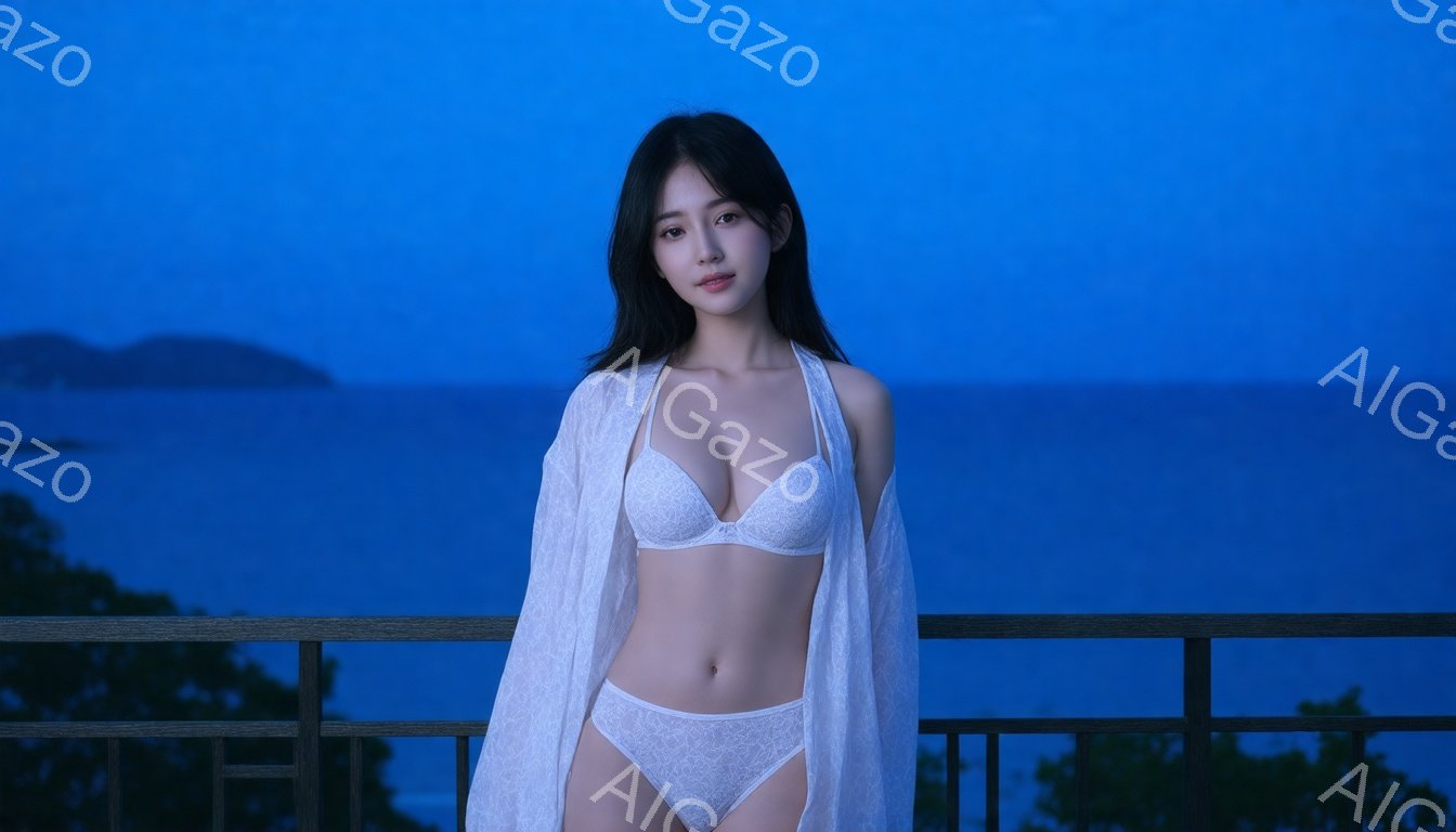 長い黒髪を肩にかけ、白いレースのブラとショーツ、そしてシースルーのカーディガンを着用した女性が写っている。彼女はバルコニーの手すりに寄りかかり、わずかに微笑んでいる様子で、背景には紺碧の海と緑の丘が見 - AI生成フリー素材