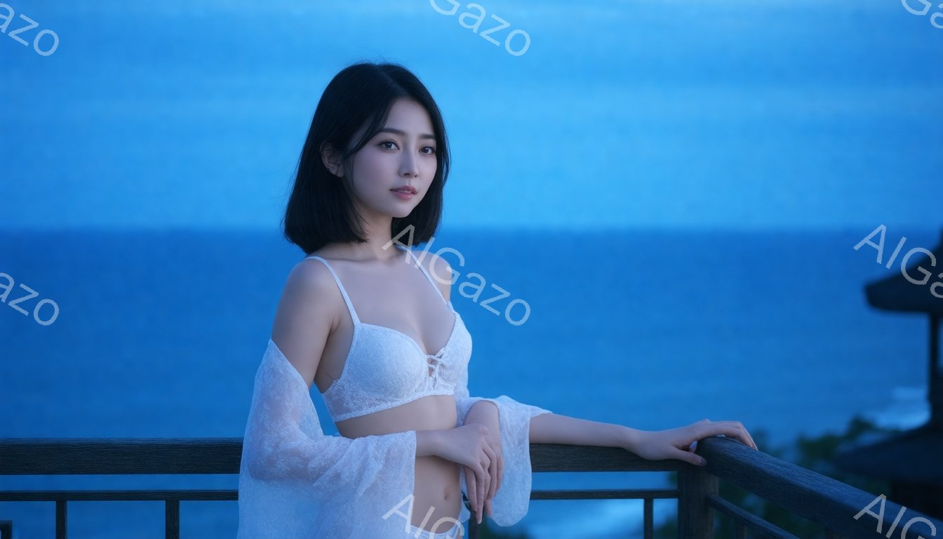 黒髪のショートヘアの女性が、白いレースのブラトップとシアーなオーバーレイジャケットを着てバルコニーに立っている。彼女は落ち着いた表情で、片手をバルコニーの手すりに置き、わずかに体を傾けている。背景には、青く広大な海と、木造建築の一部が見え、穏やかで少し物憂げな雰囲気を醸し出している。