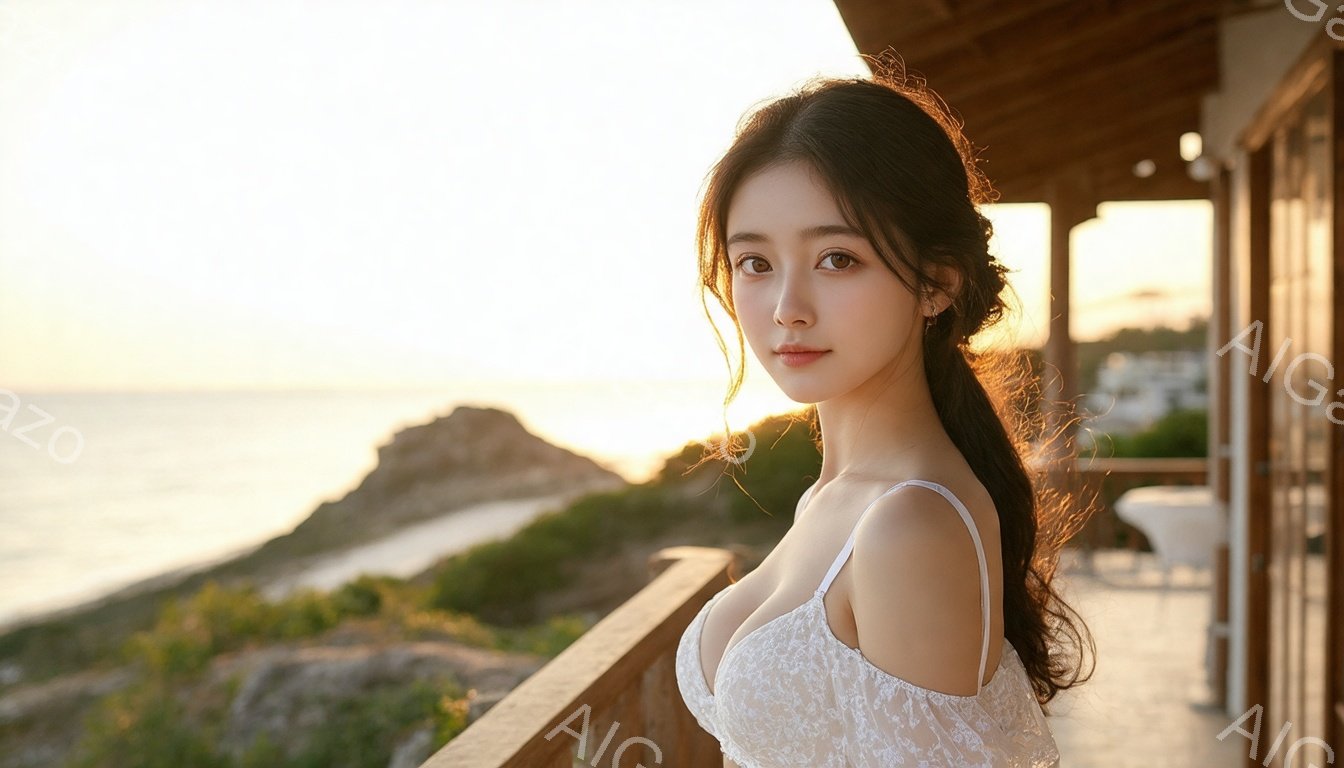 長い黒髪を後ろで緩くまとめ、白いレースのキャミソールを着た若い女性が写っています。彼女はバルコニーの手すりに寄りかかり、穏やかな表情で遠くを見つめています。背景には、夕焼けに照らされた海岸線と緑豊かな風景が広がり、暖かい雰囲気を醸し出しています。