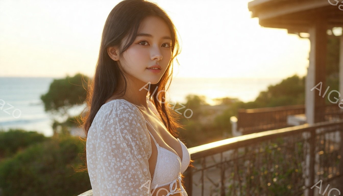 長い黒髪をなびかせた若い女性が、白いレースのブラウスと胸元が少し見えるキャミソールを着ています。彼女は穏やかな微笑みを浮かべ、カメラの方を見ています。背景には、夕暮れ時の海と緑豊かな植物が見え、暖かい雰囲気を作り出しています。