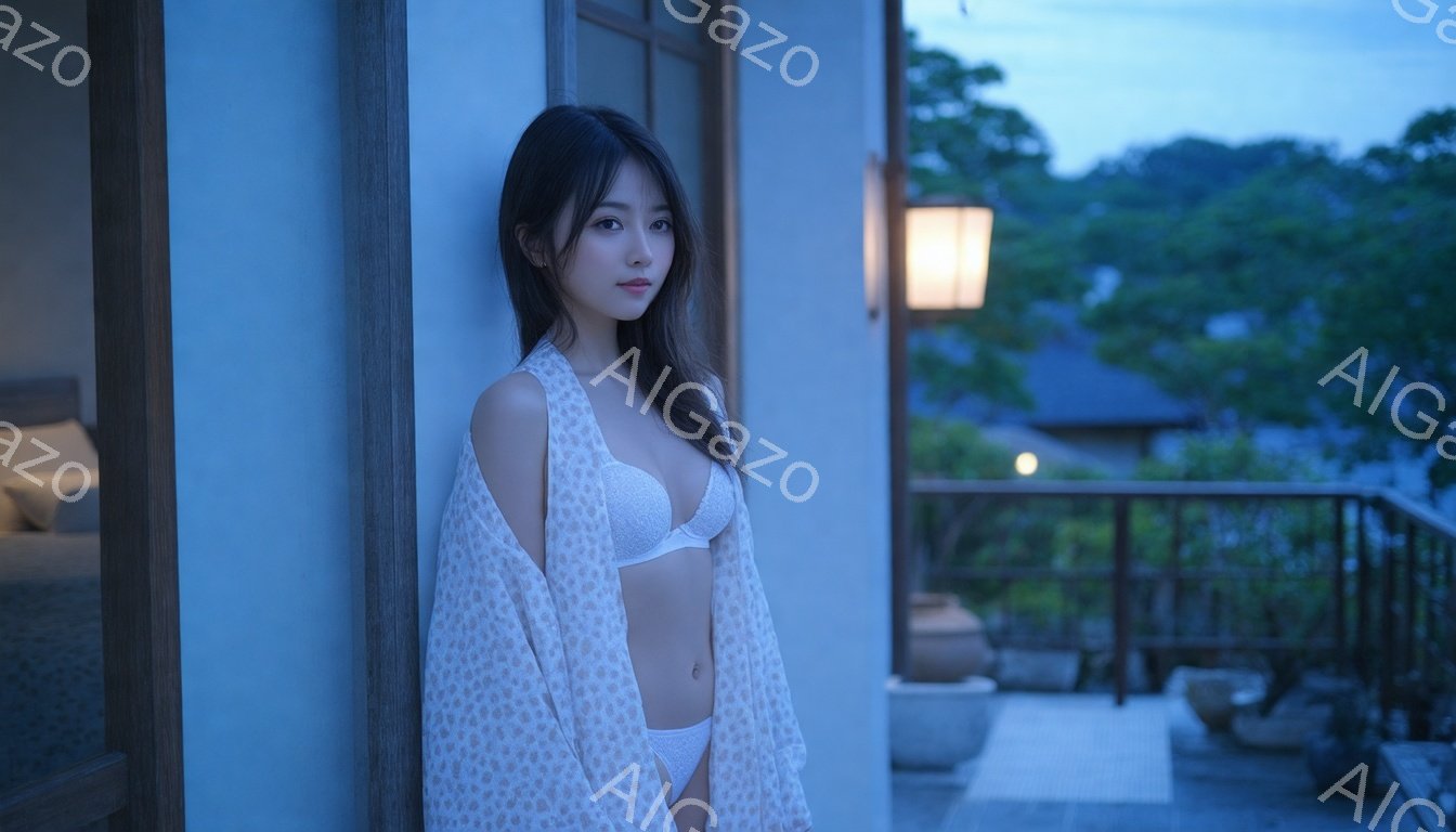 長い黒髪をなびかせた若い女性が、白い花柄のガウンを羽織り、白い下着姿でバルコニーに寄りかかっています。彼女は少し物憂げな表情で、遠くを見つめています。背景には緑豊かな木々や伝統的な日本家屋が見え、薄暗い光が穏やかな雰囲気を醸し出しています。