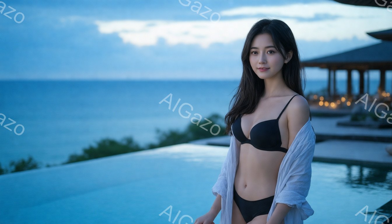 長い黒髪を肩にかけ、黒いビキニに白いシャツを羽織った女性が立っている。彼女は穏やかな微笑みを浮かべ、カメラの方を見つめている。背景には、青い海とプール、そして遠くに見える建物があり、夕暮れ時の穏やかな雰囲気を醸し出している。