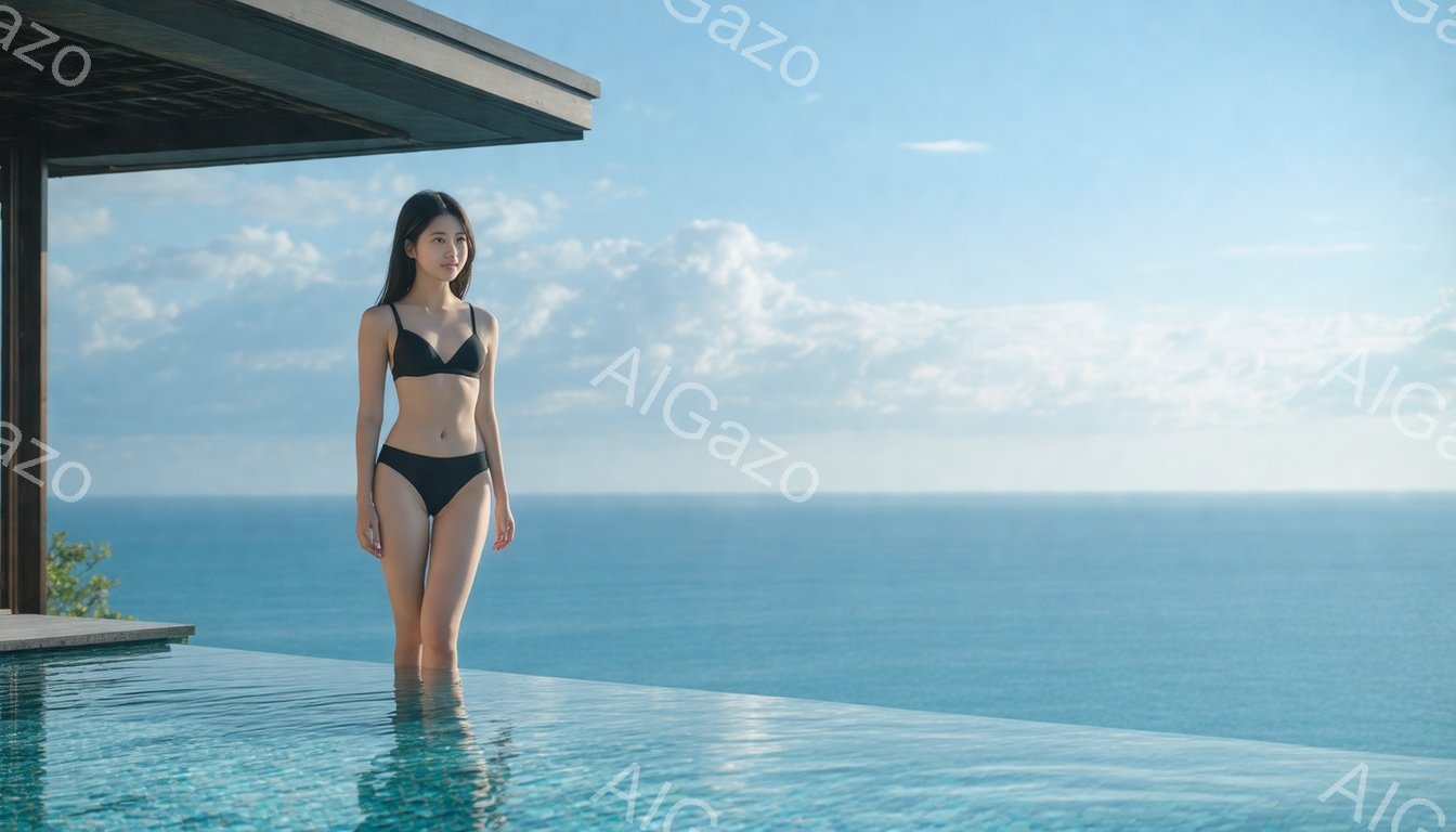 黒いビキニを着た若い女性が、インフィニティプールの中で立っている。彼女は肩まで伸びた黒髪で、表情は穏やかで少し微笑んでいるように見える。背景には青い海と空が広がり、晴天で穏やかな雰囲気である。