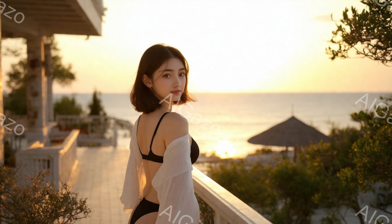 短い茶色の髪の女性が、黒のビキニの上に白いシースルーのブラウスを羽織り、少し振り返ってこちらを見ている。彼女はバルコニーの手すりに寄りかかり、夕焼けの海と緑豊かな植物を背景に、リラックスした雰囲気を醸し出している。背景には、茅葺き屋根の建物と穏やかな海が広がり、温かく穏やかな光が全体を包んでいる。