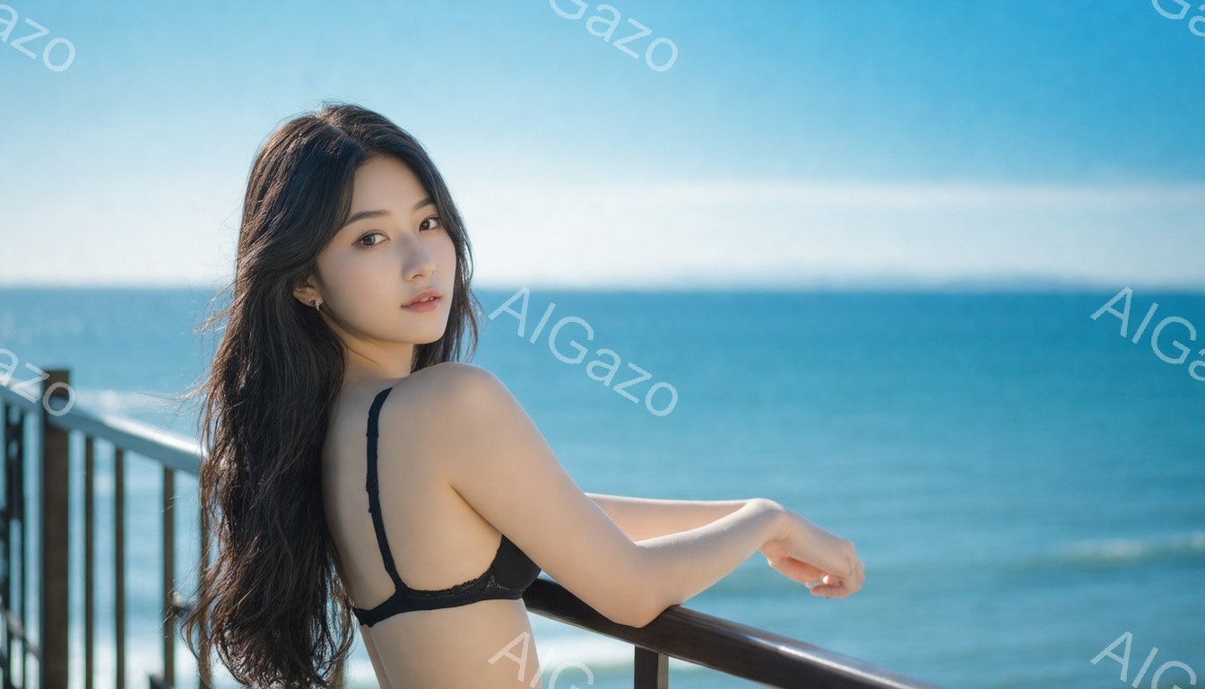 長い黒髪の女性が、海を見下ろすバルコニーに立っている。黒いビキニトップと白い下着姿で、リラックスした表情で欄干に肘をついている。背景には青い海と穏やかな波が広がり、晴天の下、開放的な雰囲気が漂っている。