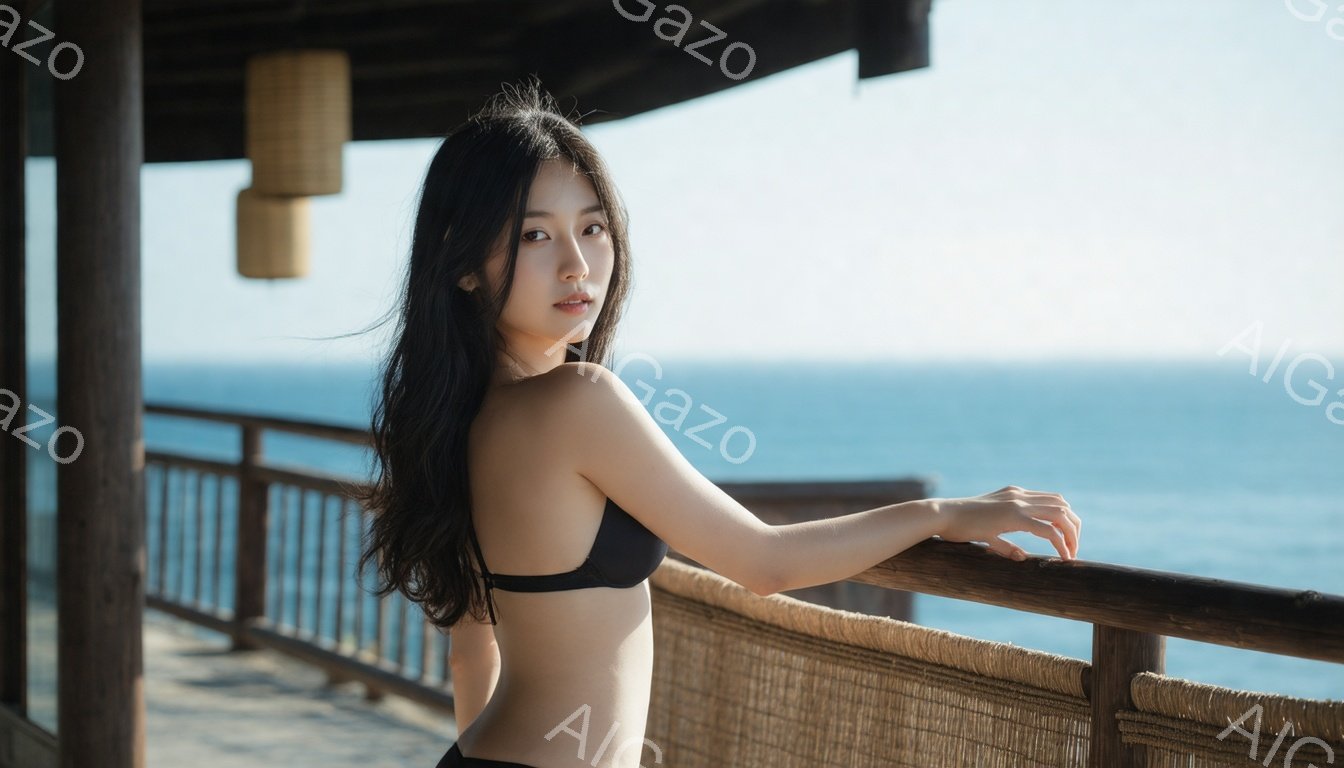 長い黒髪をなびかせ、黒いビキニを着た女性がバルコニーに寄りかかっています。彼女はカメラに向かって微笑み、リラックスした表情をしています。背景には青い海と空が広がり、晴れた日の穏やかな雰囲気が漂っています。